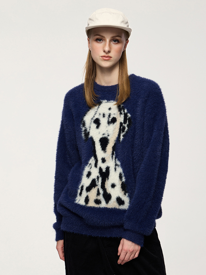 Spring Street Style Dog Embroidery Crewneck Vintage Sweater