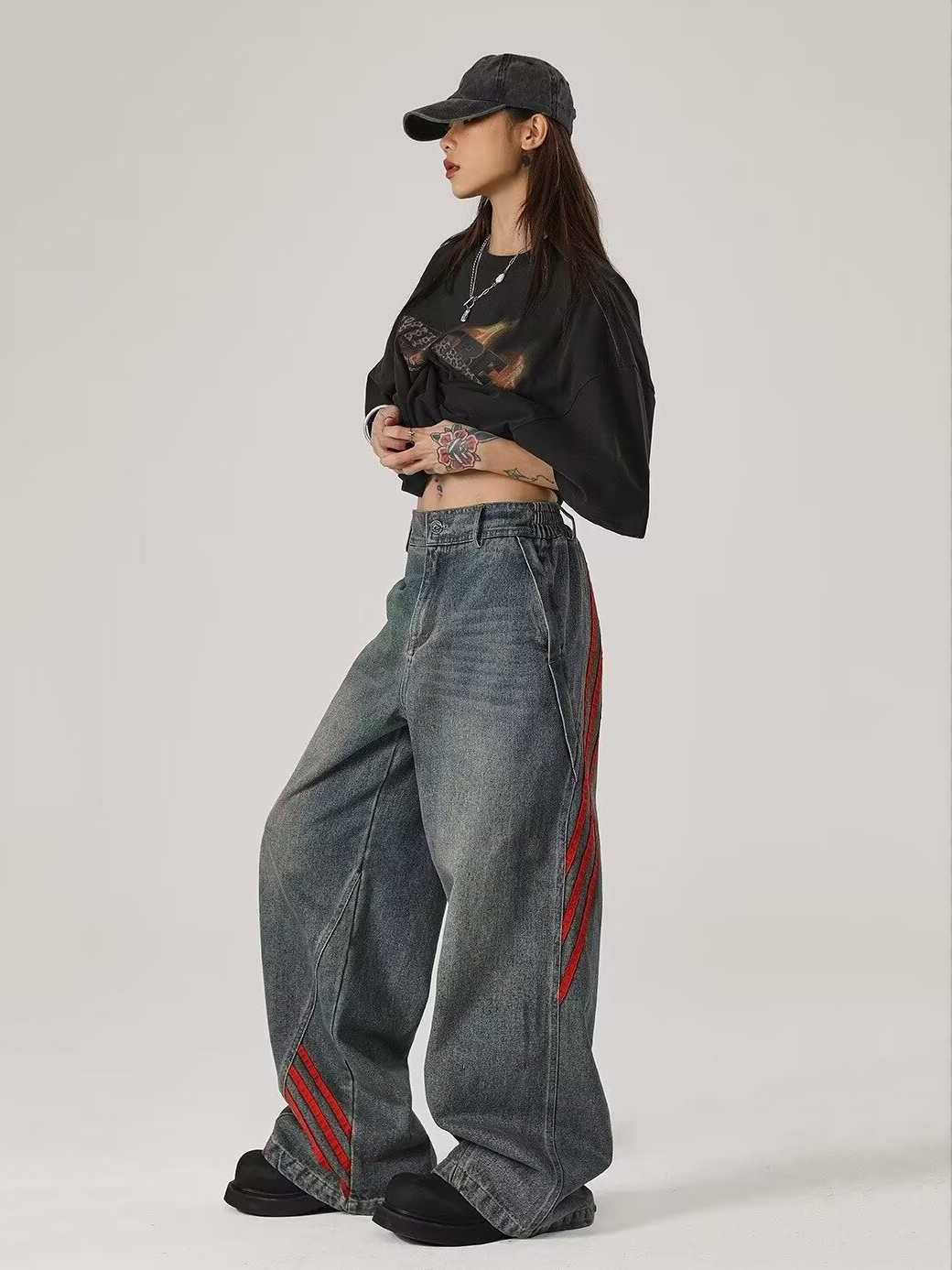 Relaxed Straight-Leg Pants with Distressed Striped Panels