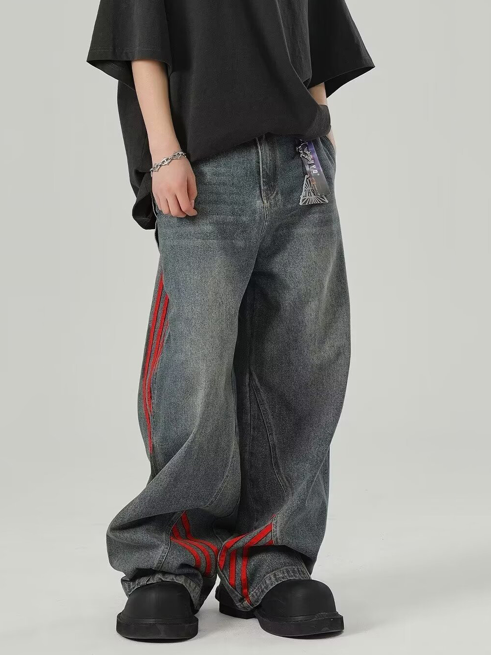 Relaxed Straight-Leg Pants with Distressed Striped Panels