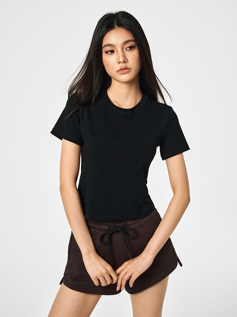 Basic Cropped Tops Short-sleeved Cotton T-shirt For Women