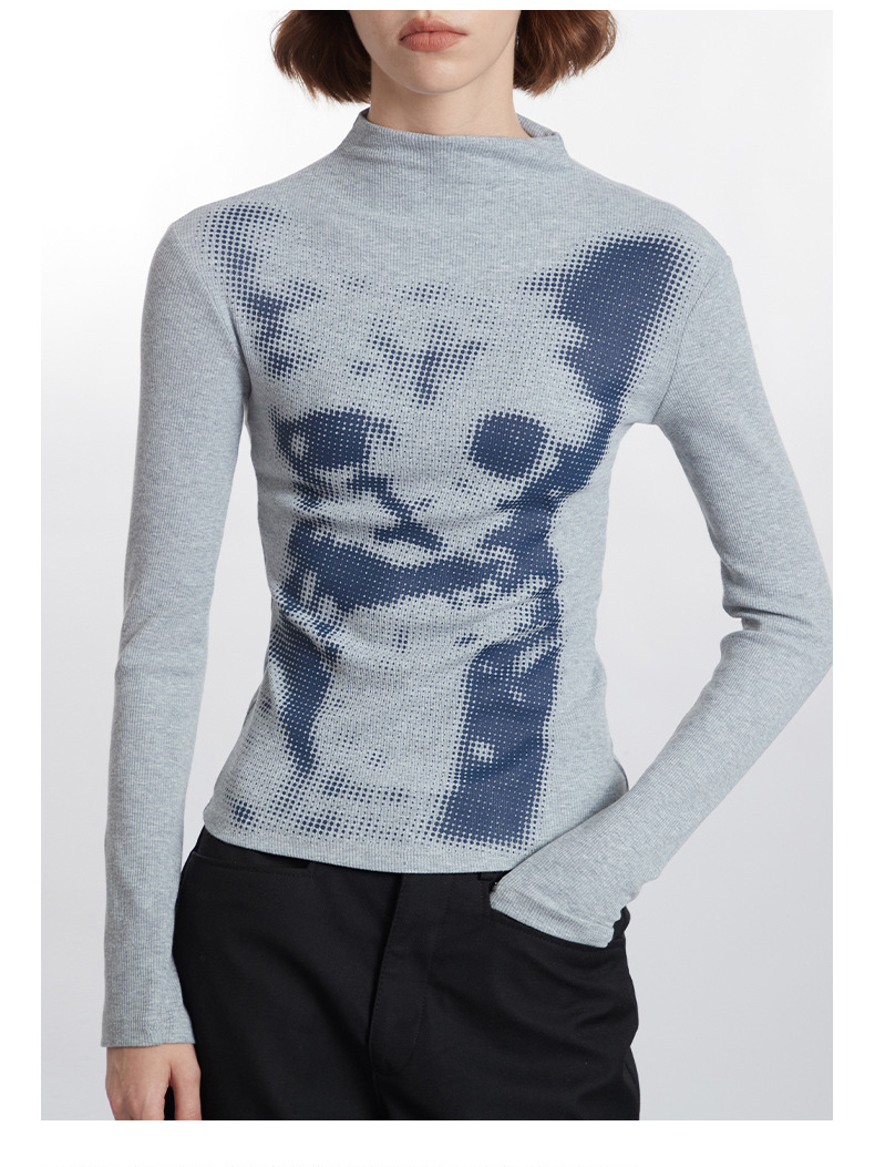 Checkerboard Cat Print Top Women's Long Sleeve Slim Bottoming Round Neck T-Shirt