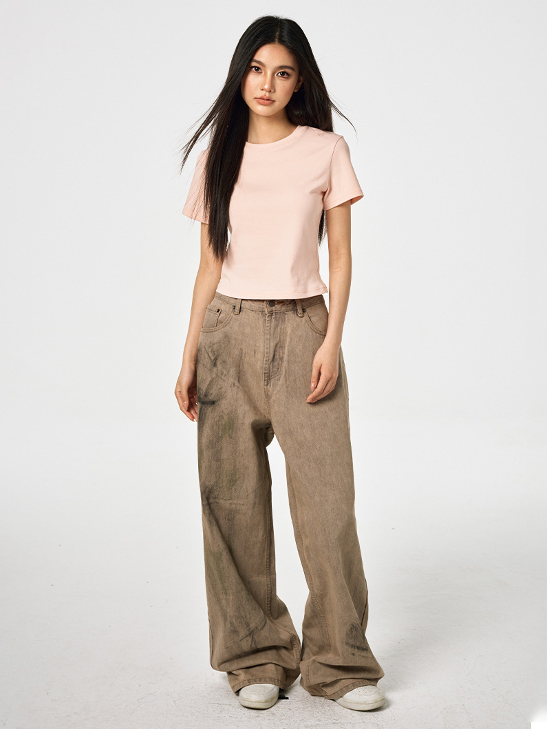 Basic Cropped Tops Short-sleeved Cotton T-shirt For Women