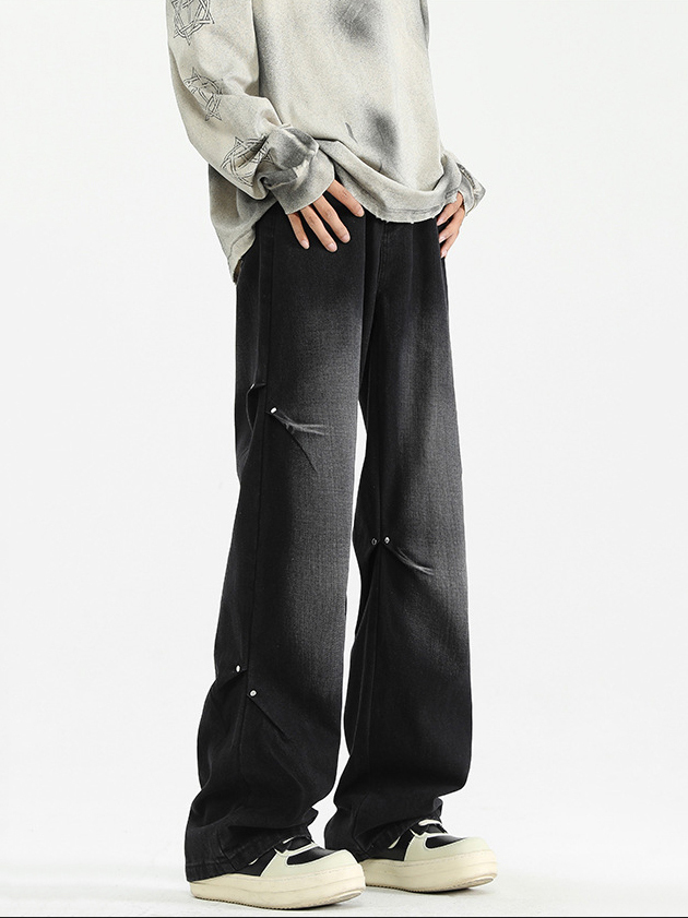 Rivet pleated design loose and versatile straight jeans