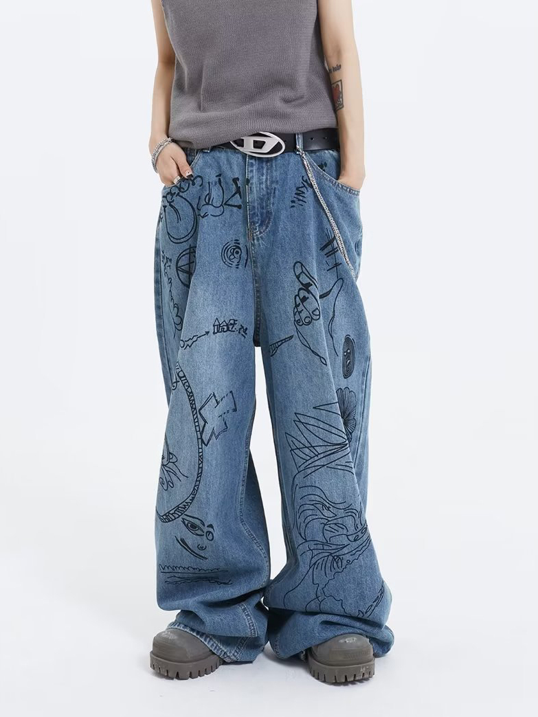 Retro Streetwear High-Waisted Graffiti Jeans Relaxed Fit Wide-Leg Denim Pants