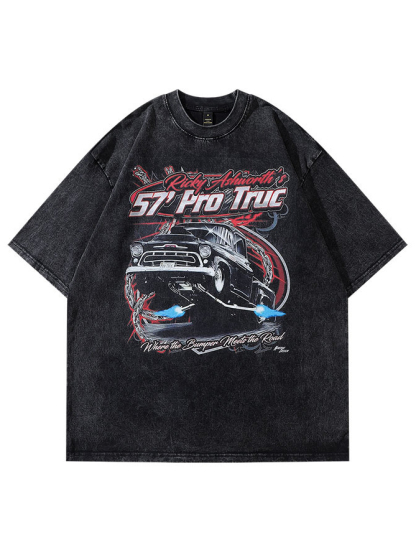 Hiphop Washed Retro Racing Print Short-sleeved T-shirt