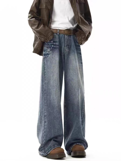 Vintage Slub Texture Relaxed Straight-Leg Jeans