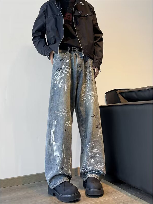 Street Art Denim Relaxed Wide-Leg Jeans with Graffiti Wash & Draped Silhouette