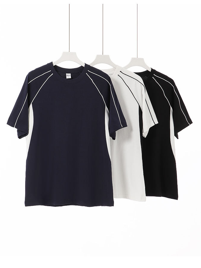 Color Block Crew Neck Heavyweight Cotton Relaxed Fit T-shirt  With Geometric Detailing