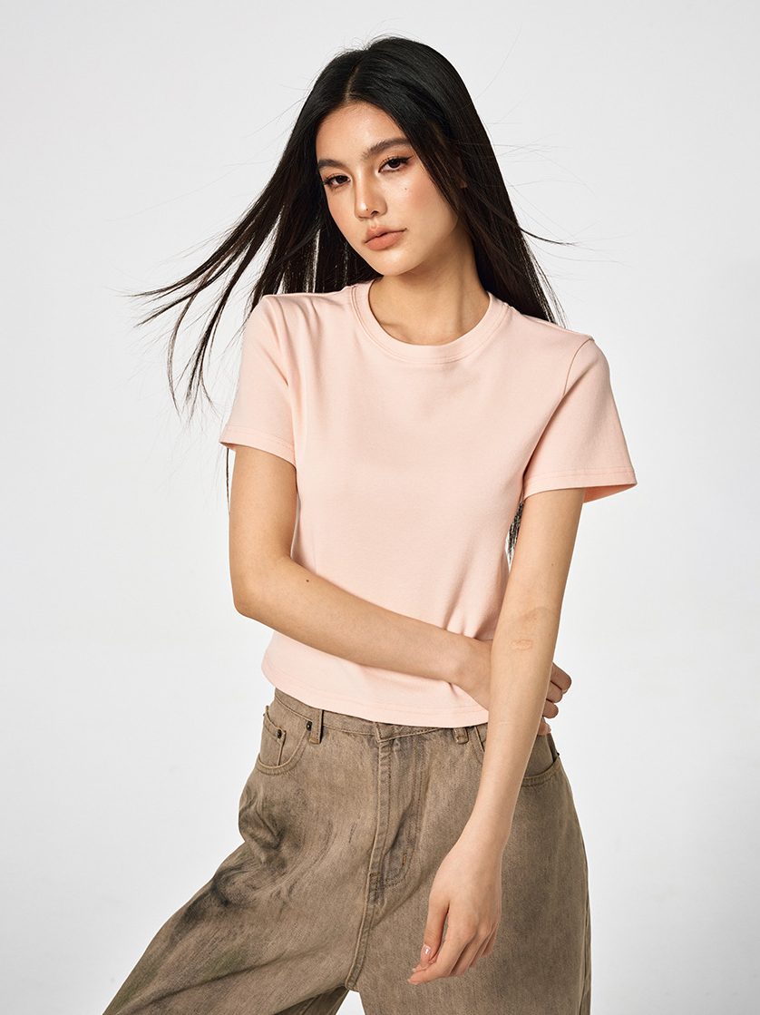 Basic Cropped Tops Short-sleeved Cotton T-shirt For Women