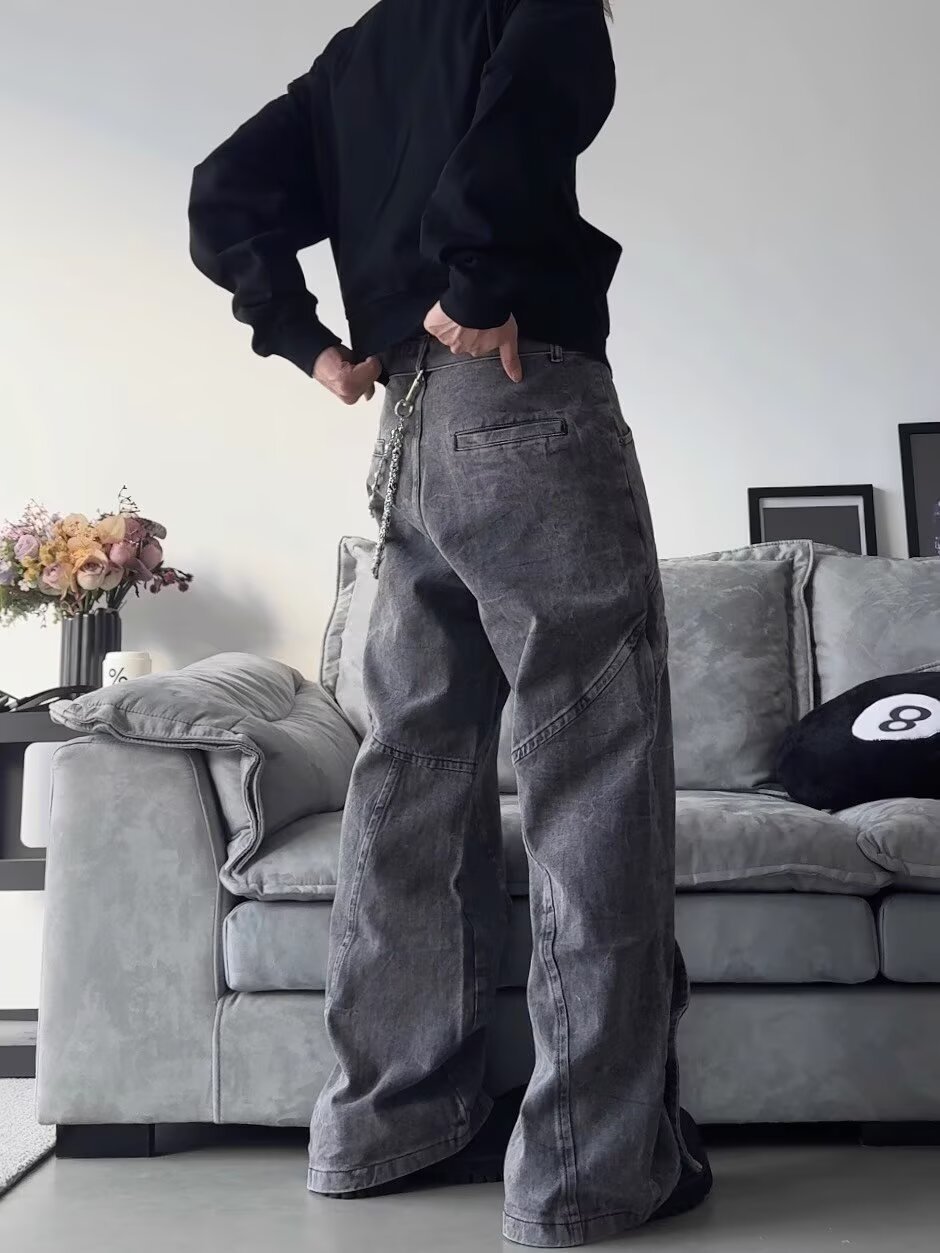 Vintage Heavy-Duty Deconstructed Patchwork  Washed Mid-Rise Straight-Leg Denim Pants