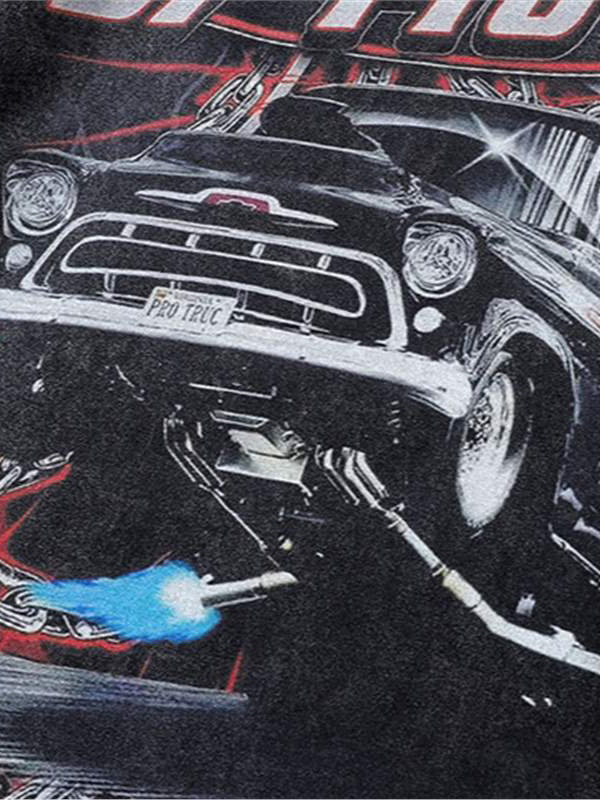 Hiphop Washed Retro Racing Print Short-sleeved T-shirt