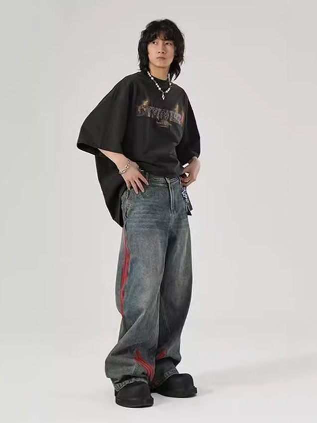 Relaxed Straight-Leg Pants with Distressed Striped Panels