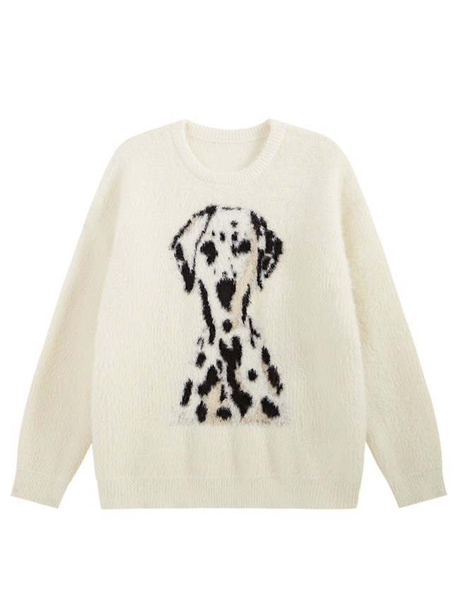 Spring Street Style Dog Embroidery Crewneck Vintage Sweater