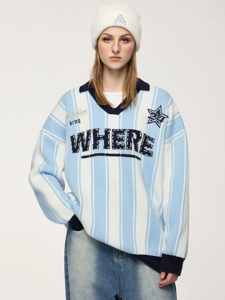 Spring Trendy Retro Streetwear Crewneck Sweater Embroidered Knit Pullover with Vintage Vibes