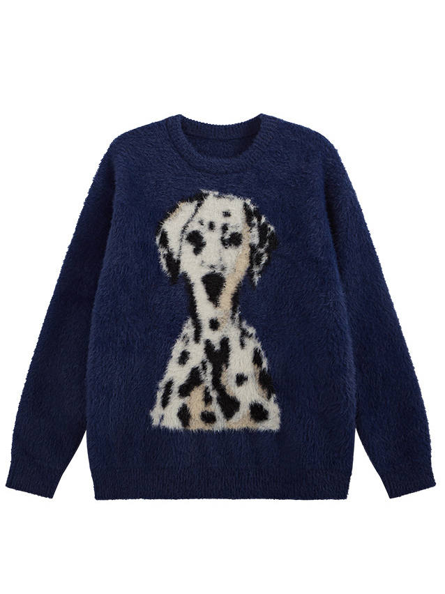 Spring Street Style Dog Embroidery Crewneck Vintage Sweater