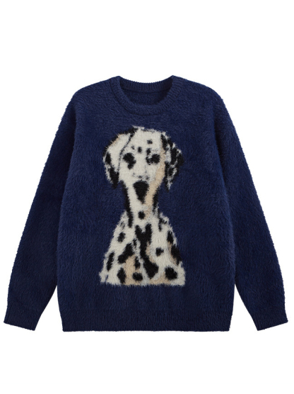 Spring Street Style Dog Embroidery Crewneck Vintage Sweater