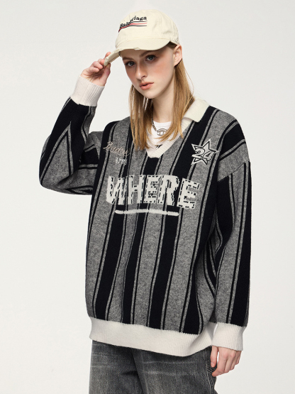 Spring Trendy Retro Streetwear Crewneck Sweater Embroidered Knit Pullover with Vintage Vibes