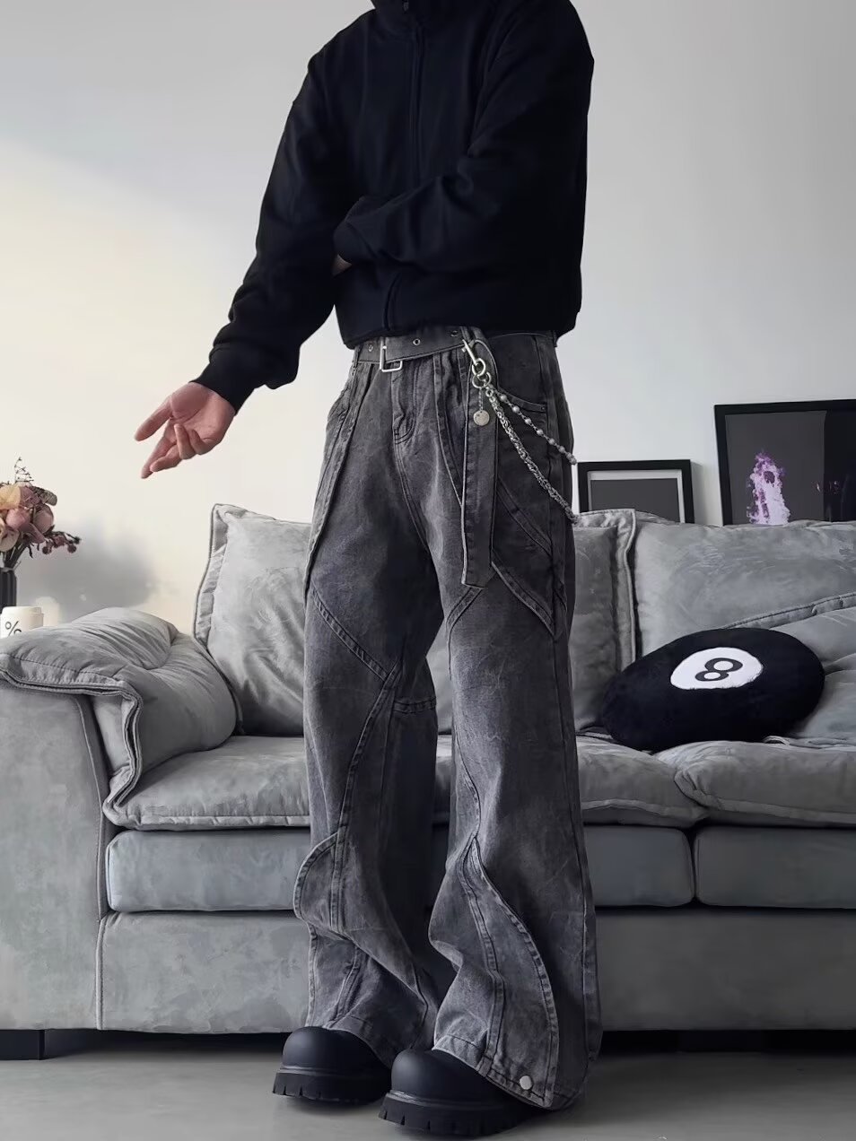 Vintage Heavy-Duty Deconstructed Patchwork  Washed Mid-Rise Straight-Leg Denim Pants