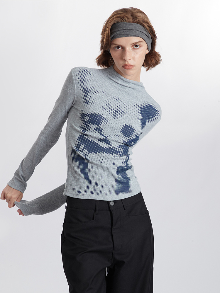 Checkerboard Cat Print Top Women's Long Sleeve Slim Bottoming Round Neck T-Shirt