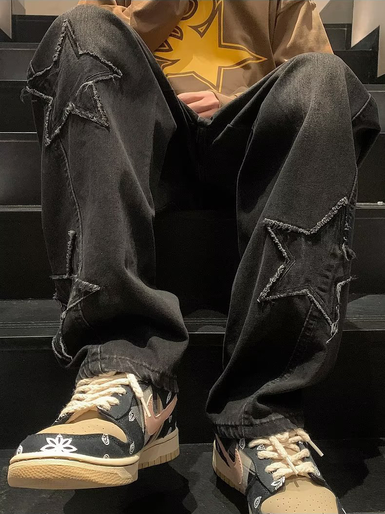 Star-Patch Straight-Leg Denim Jeans Relaxed Wide-Leg Pants