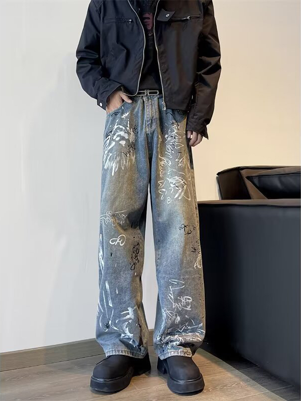 Street Art Denim Relaxed Wide-Leg Jeans with Graffiti Wash & Draped Silhouette