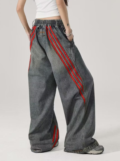 Relaxed Straight-Leg Pants with Distressed Striped Panels
