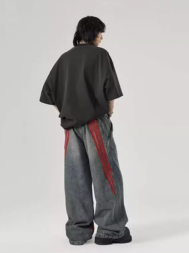 Relaxed Straight-Leg Pants with Distressed Striped Panels