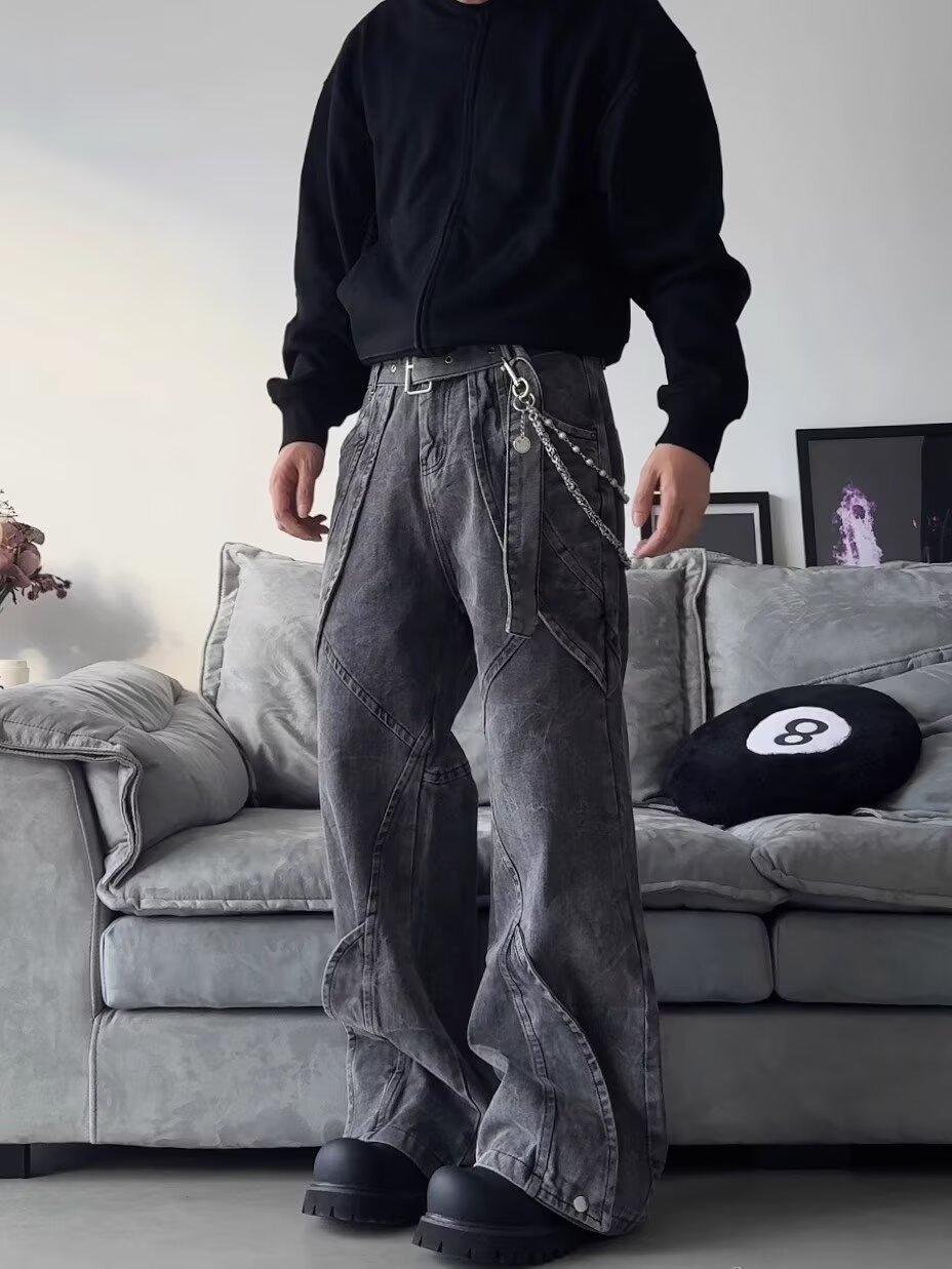 Vintage Heavy-Duty Deconstructed Patchwork  Washed Mid-Rise Straight-Leg Denim Pants