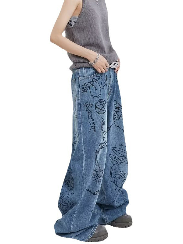Retro Streetwear High-Waisted Graffiti Jeans Relaxed Fit Wide-Leg Denim Pants