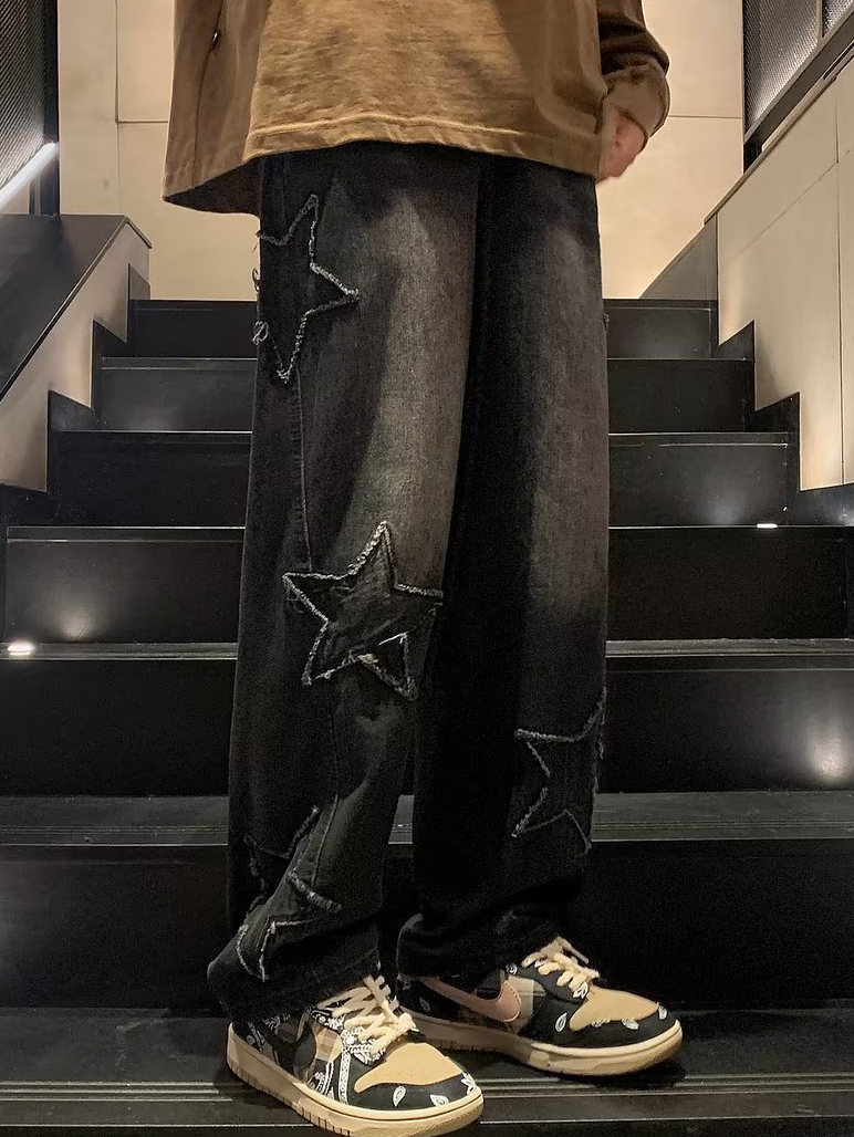Star-Patch Straight-Leg Denim Jeans Relaxed Wide-Leg Pants