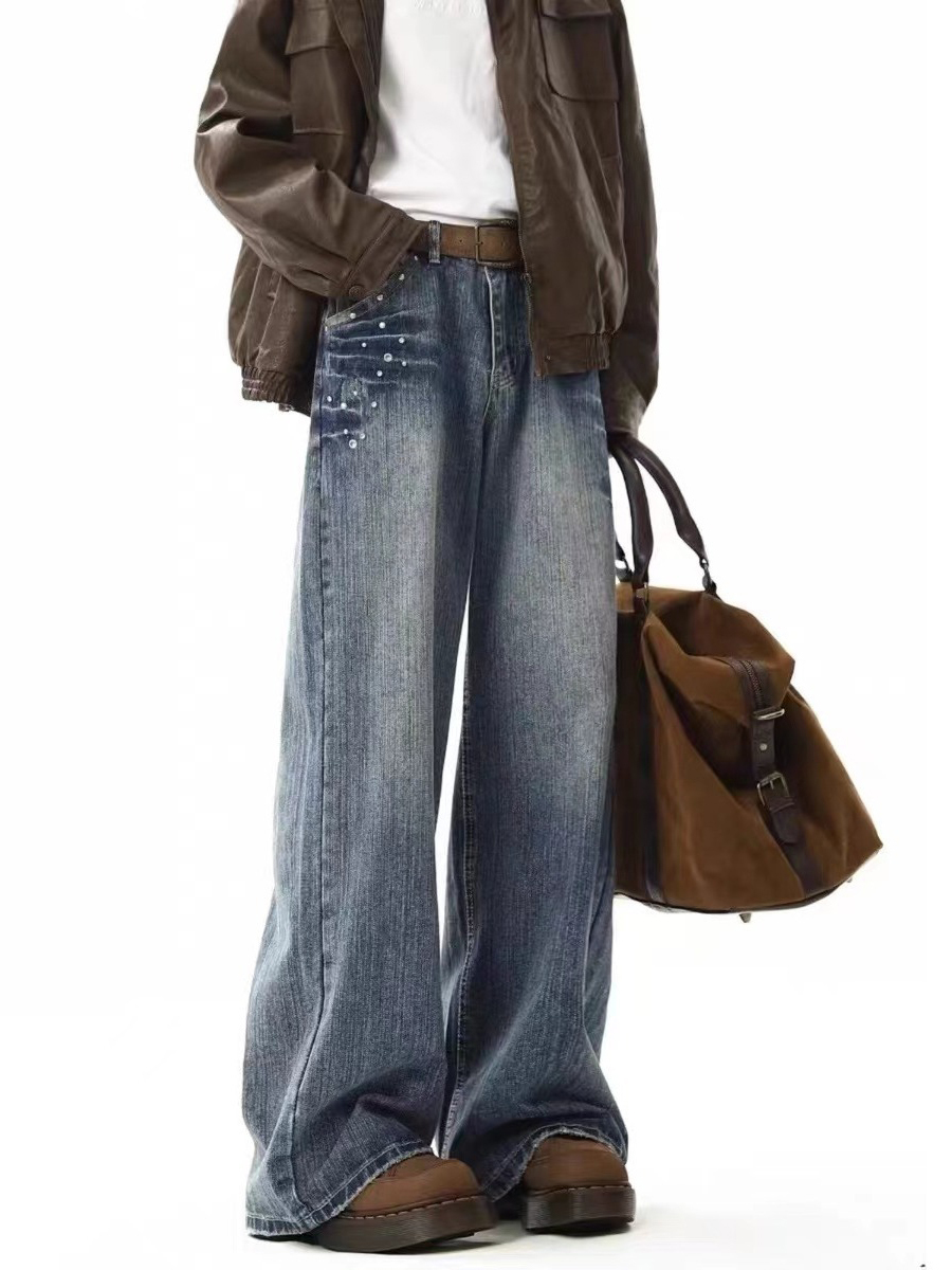 Vintage Slub Texture Relaxed Straight-Leg Jeans