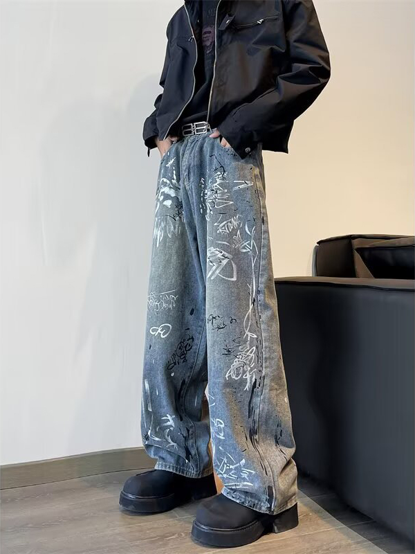 Street Art Denim Relaxed Wide-Leg Jeans with Graffiti Wash & Draped Silhouette