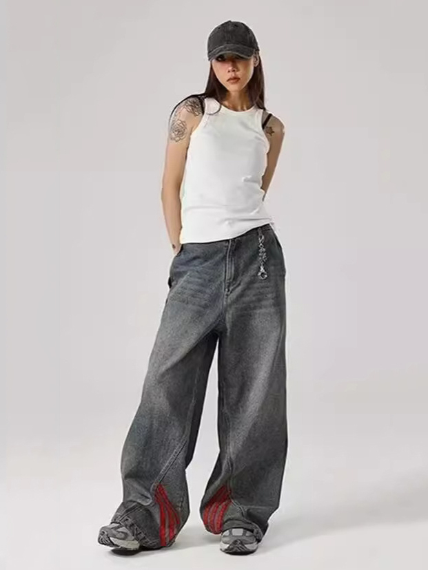 Relaxed Straight-Leg Pants with Distressed Striped Panels