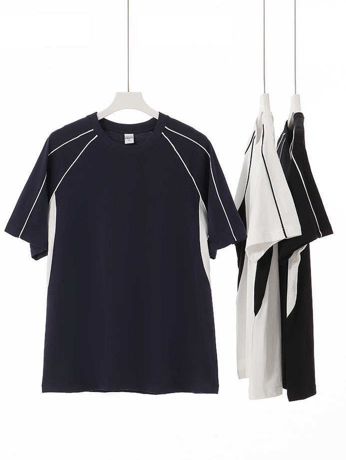 Color Block Crew Neck Heavyweight Cotton Relaxed Fit T-shirt  With Geometric Detailing