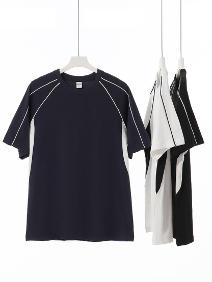 Color Block Crew Neck Heavyweight Cotton Relaxed Fit T-shirt  With Geometric Detailing