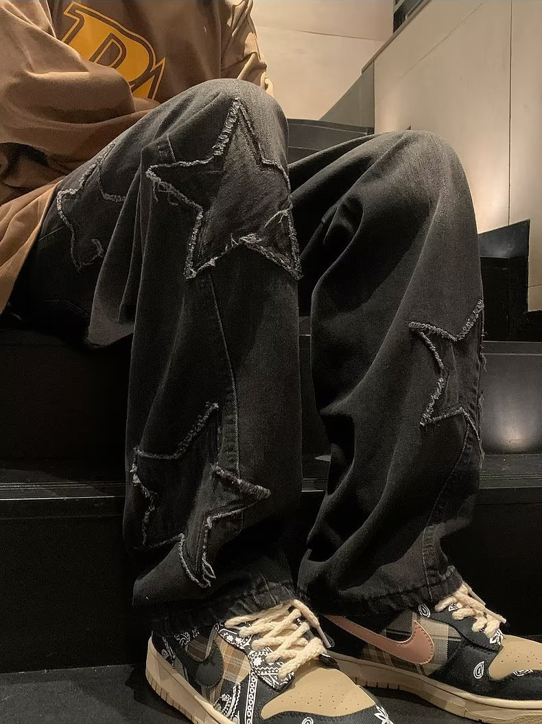 Star-Patch Straight-Leg Denim Jeans Relaxed Wide-Leg Pants