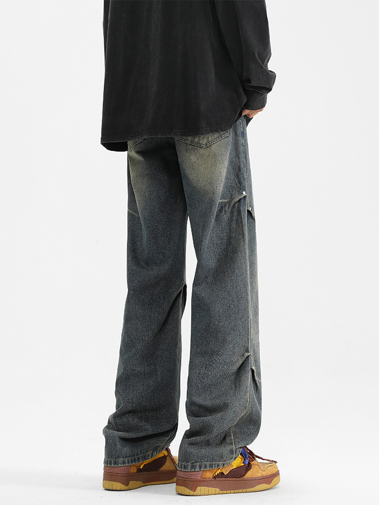 Rivet pleated design loose and versatile straight jeans
