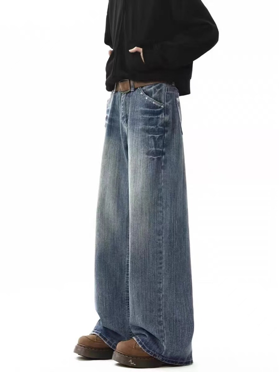 Vintage Slub Texture Relaxed Straight-Leg Jeans