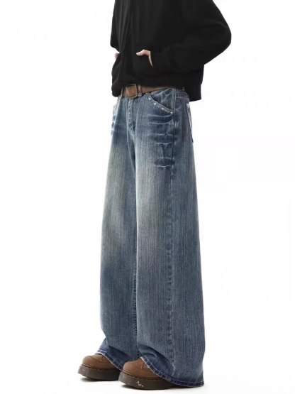 Vintage Slub Texture Relaxed Straight-Leg Jeans