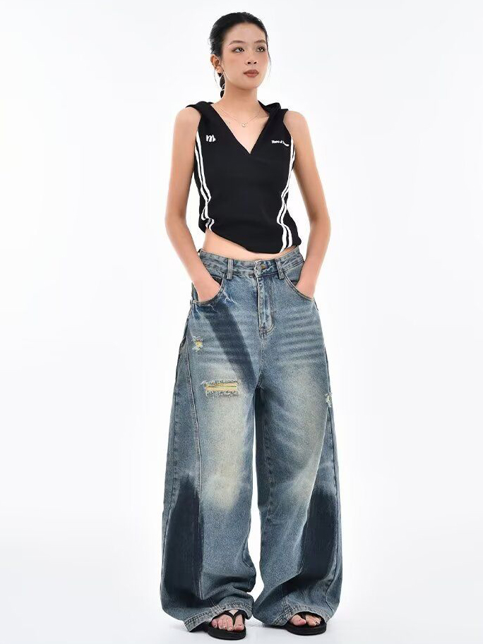 Deconstructed Scythe-Hem Jeans with Spray-Painted Panels & Asymmetric Detailing