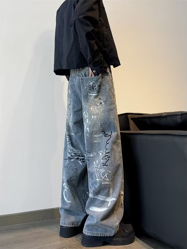 Street Art Denim Relaxed Wide-Leg Jeans with Graffiti Wash & Draped Silhouette