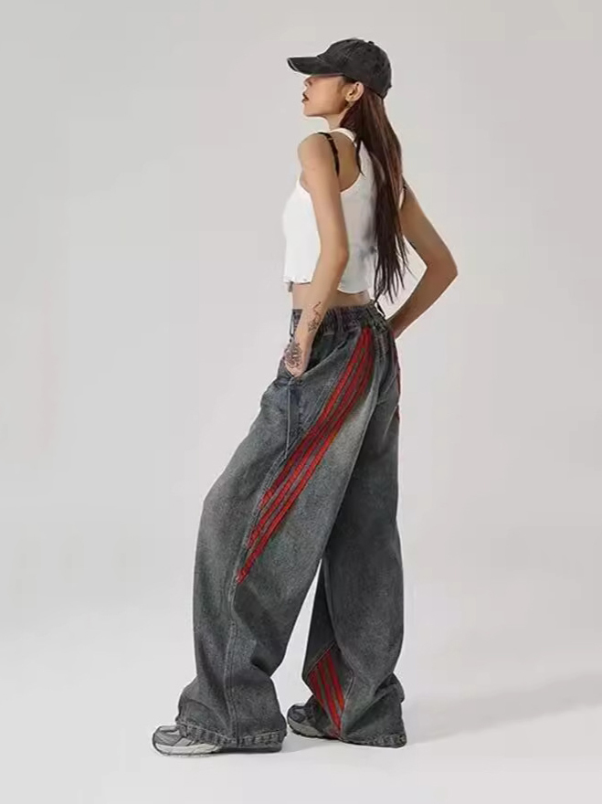 Relaxed Straight-Leg Pants with Distressed Striped Panels