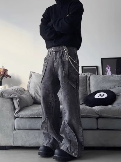 Vintage Heavy-Duty Deconstructed Patchwork  Washed Mid-Rise Straight-Leg Denim Pants