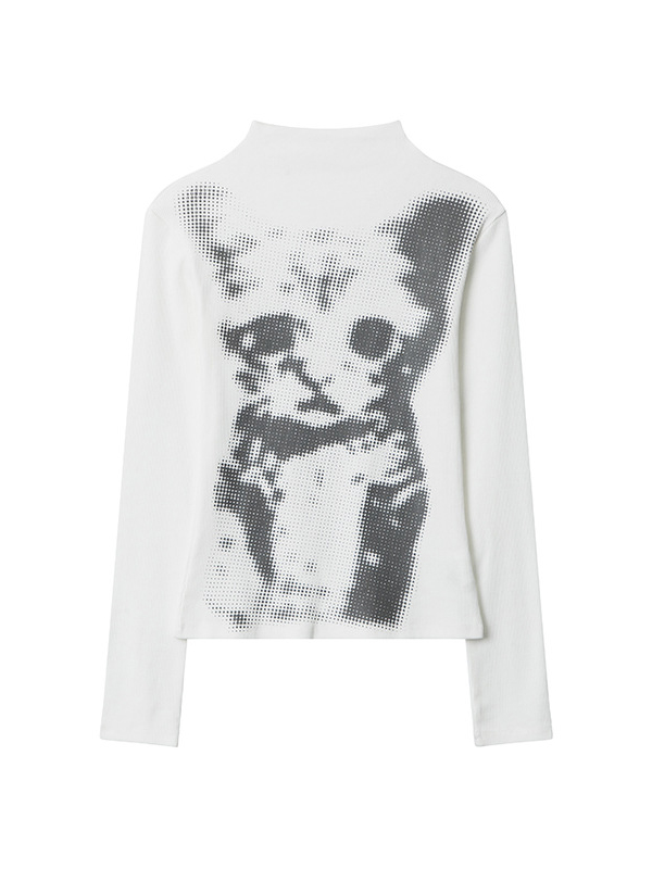 Checkerboard Cat Print Top Women's Long Sleeve Slim Bottoming Round Neck T-Shirt