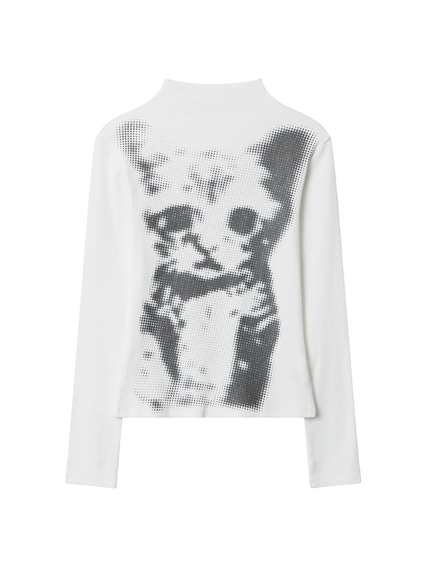 Checkerboard Cat Print Top Women's Long Sleeve Slim Bottoming Round Neck T-Shirt