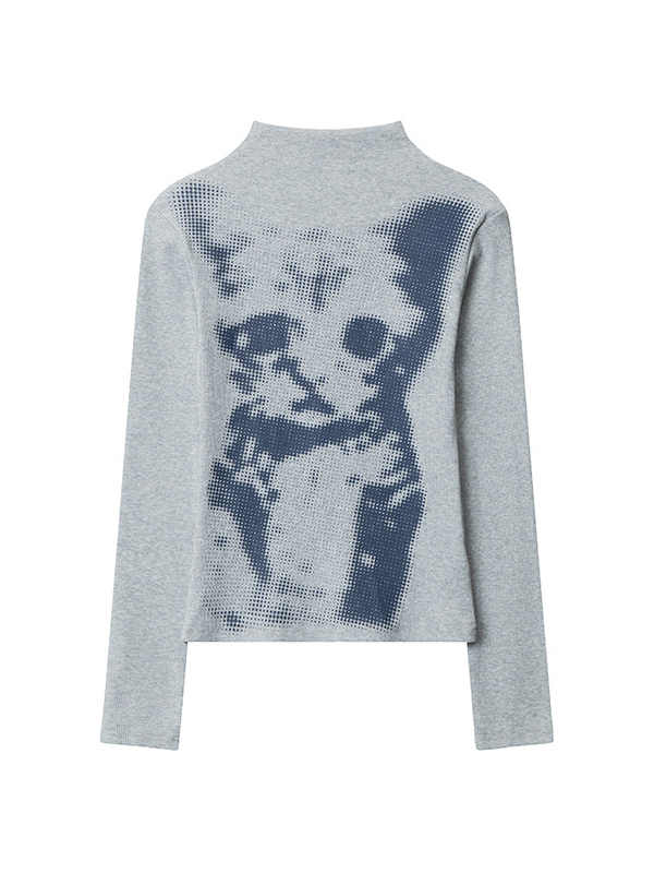 Checkerboard Cat Print Top Women's Long Sleeve Slim Bottoming Round Ne