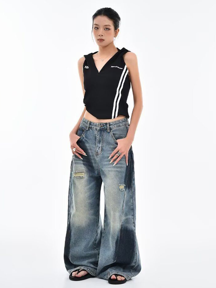 Deconstructed Scythe-Hem Jeans with Spray-Painted Panels & Asymmetric Detailing