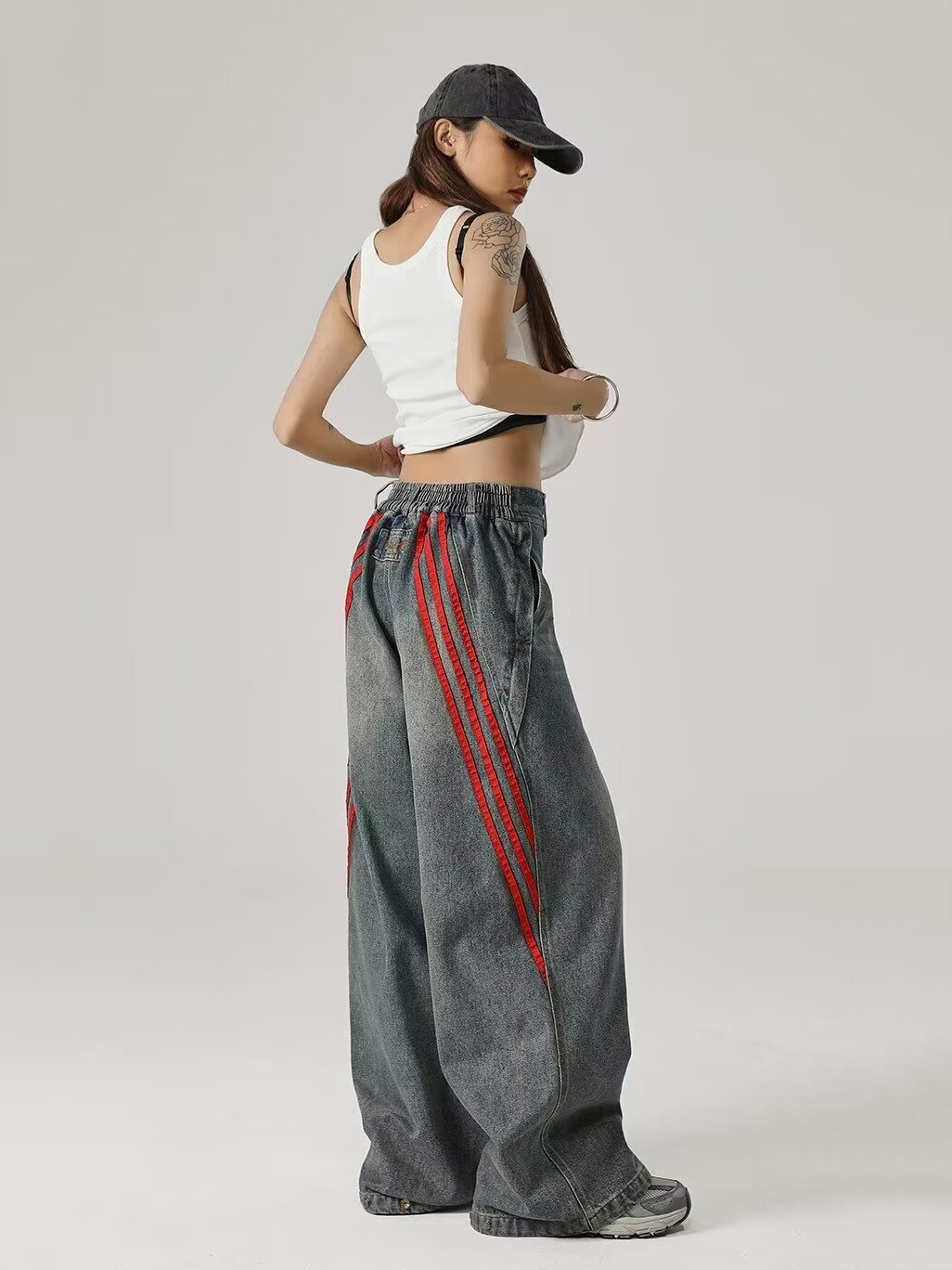 Relaxed Straight-Leg Pants with Distressed Striped Panels