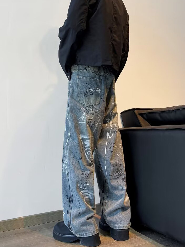 Street Art Denim Relaxed Wide-Leg Jeans with Graffiti Wash & Draped Silhouette
