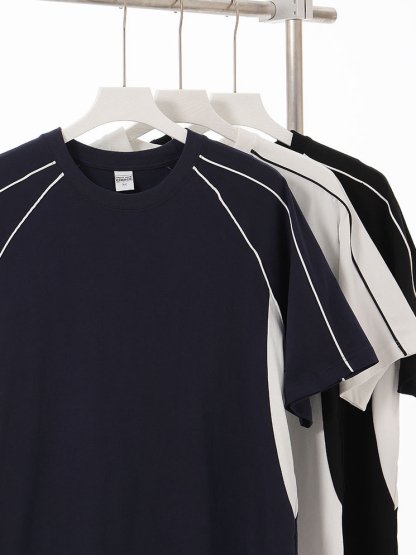 Color Block Crew Neck Heavyweight Cotton Relaxed Fit T-shirt  With Geometric Detailing